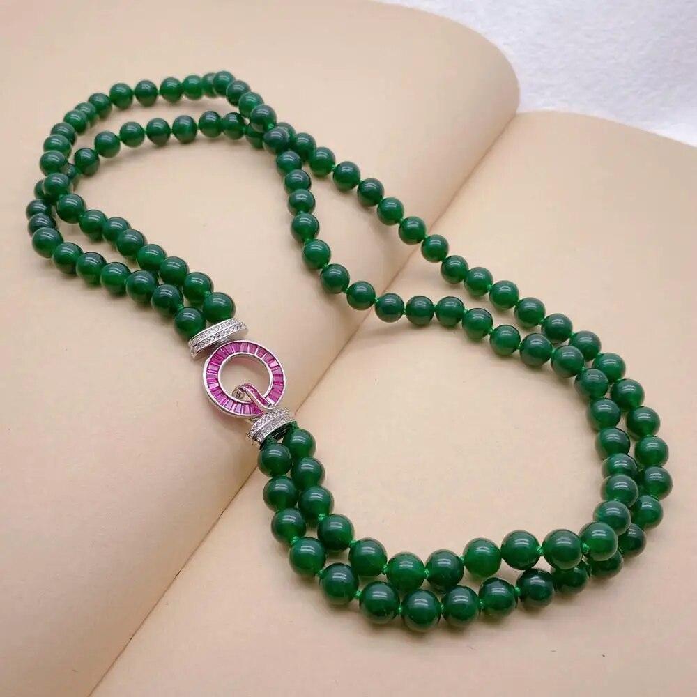 

YYGEM 2 ряда 8 мм зеленый нефритовый воротник-колье ожерелье с застежкой из циркона элегантные ювелирные изделия