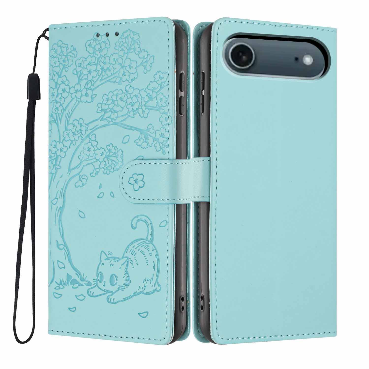 For iPhone Air Stand Case Tree-and-Cat Pattern PU Leather Wallet Protective Phone Cover with Wrist Strap