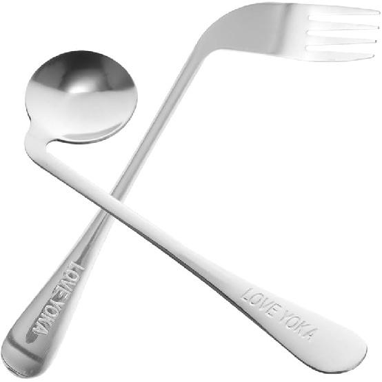 1 Set Stainless Steel Adaptive Utensil Left Handed Offset Spoon Fork Angled Curved Utensil Self Feeding Cutlery for Adults Elderly