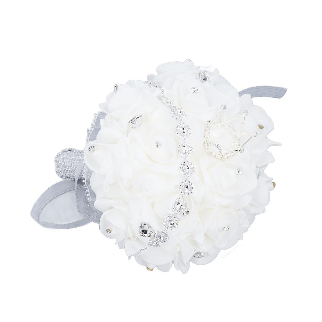 Wedding Bouquet with Crown 10.6 Inch PU Lace Satin Bridal Bridesmaid Artificial Flower Hand Bouquet for Wedding Party