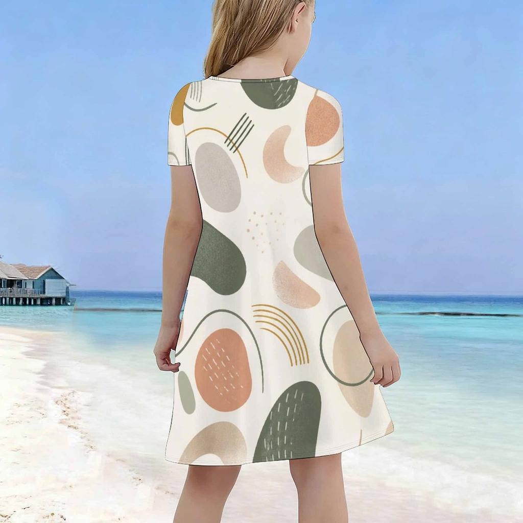 Girls Round Neck Short Sleeve Abstract Printed A Line Flared Dress