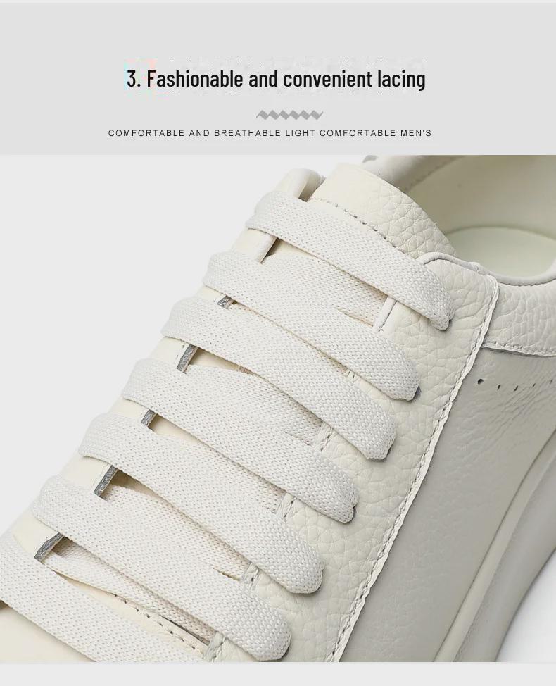 Lei Jun Style Men's White Leather Height-Enhancing Sneakers - Versatile Thick-Soled Business Shoes