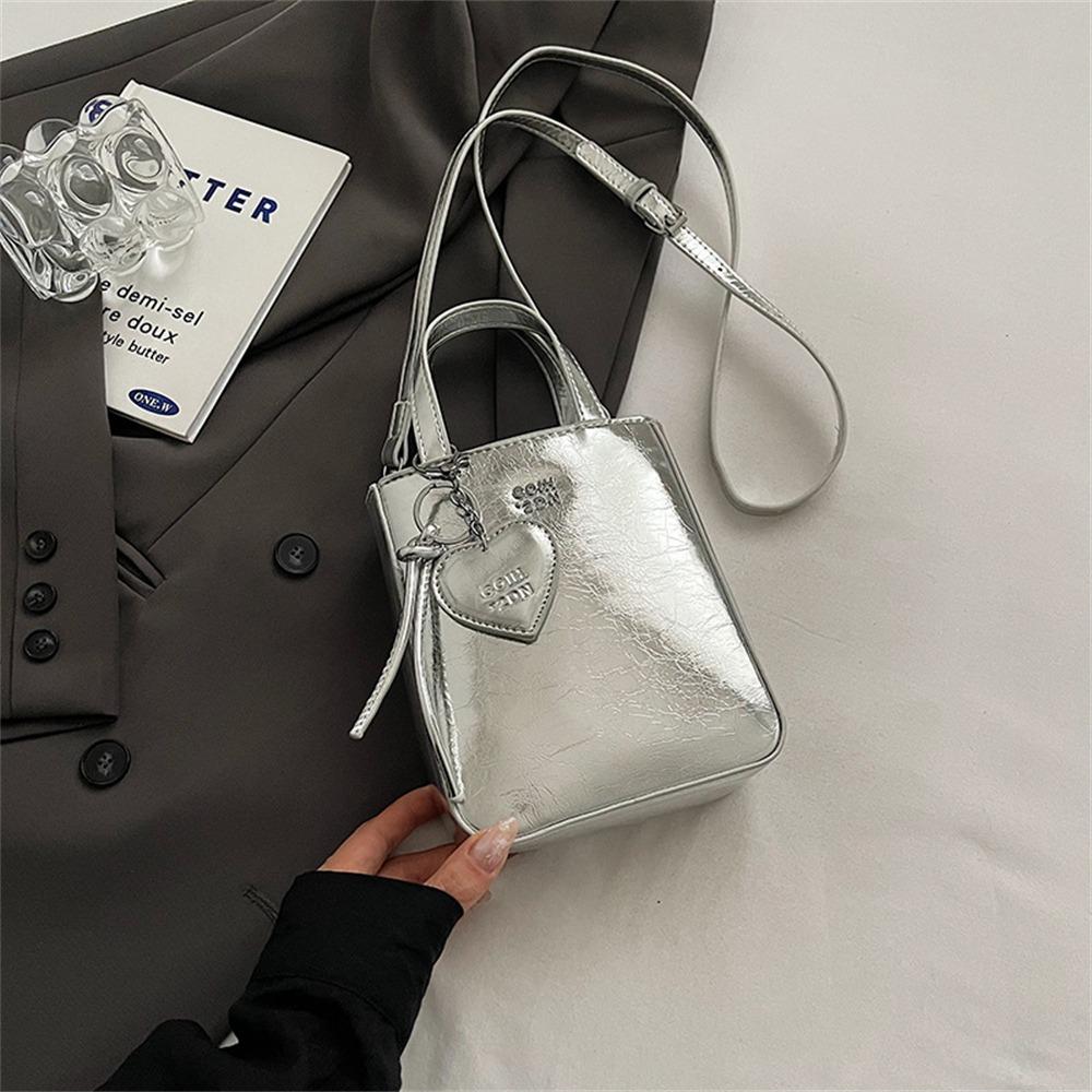 Trend Korean Pu Leather Shoulder Bag Silver High Quality Crossbody Bags Mini Small Square Bag for Women Lady