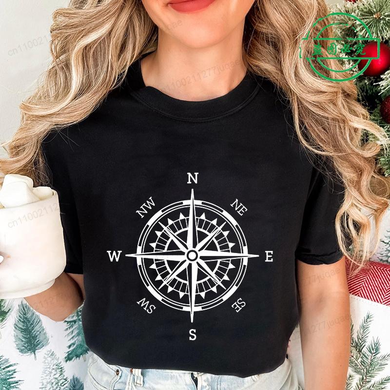 Compass Shirt for Women Funny Adventure T-Shirt Camping Tee Shirts Clothing Short Sleeve Female T-Shirt Hiking Fashion Clothes