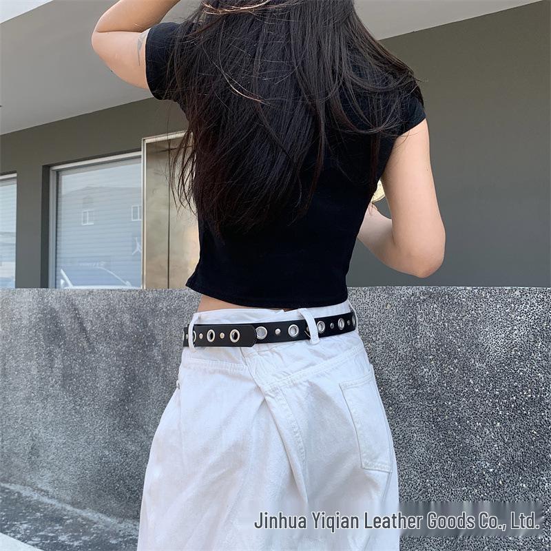Women's Trendy Punk Leather Belt with Circle Buckle and Metal Chain Decoration