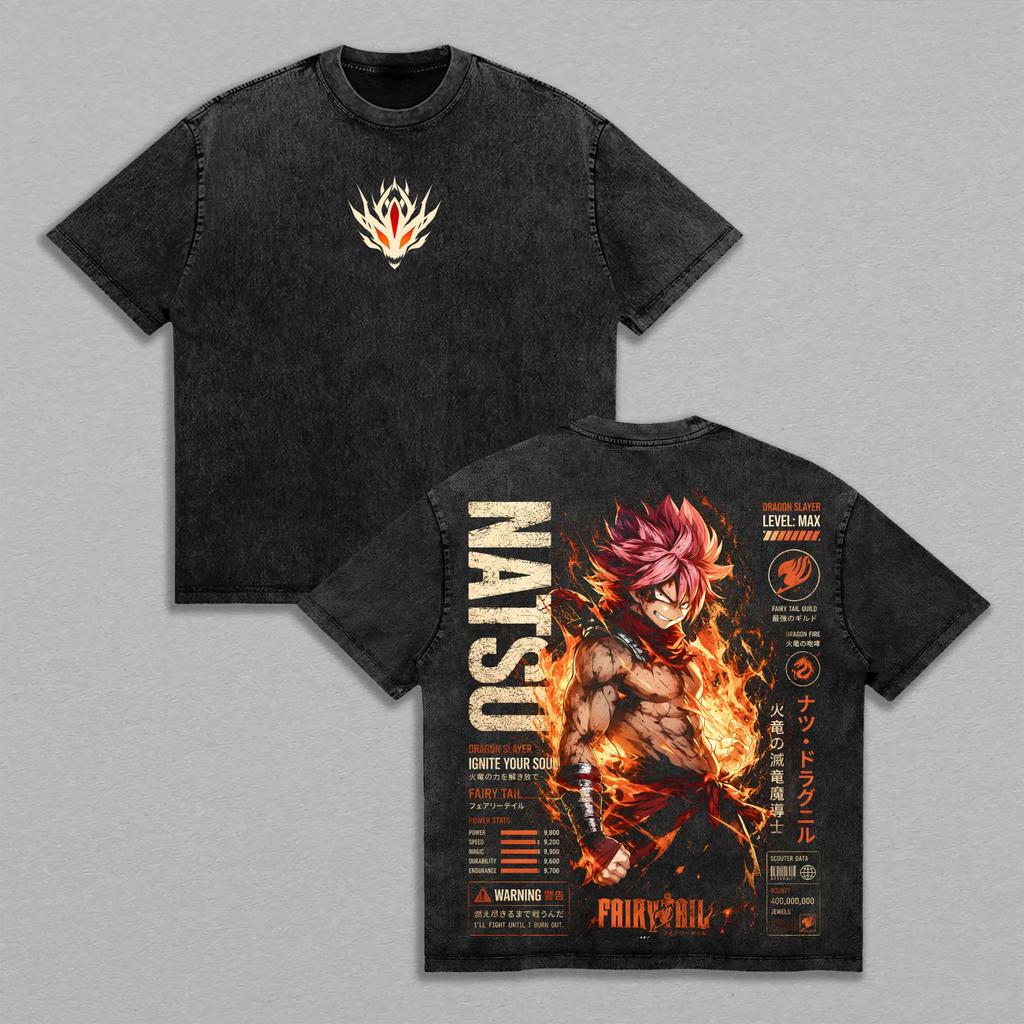 Vintage Washed T‑shirt Fairy Tail Natsu Dragneel Dragon Slayer Front Back Print Unisex Anime Oversized Short Sleeve Tee