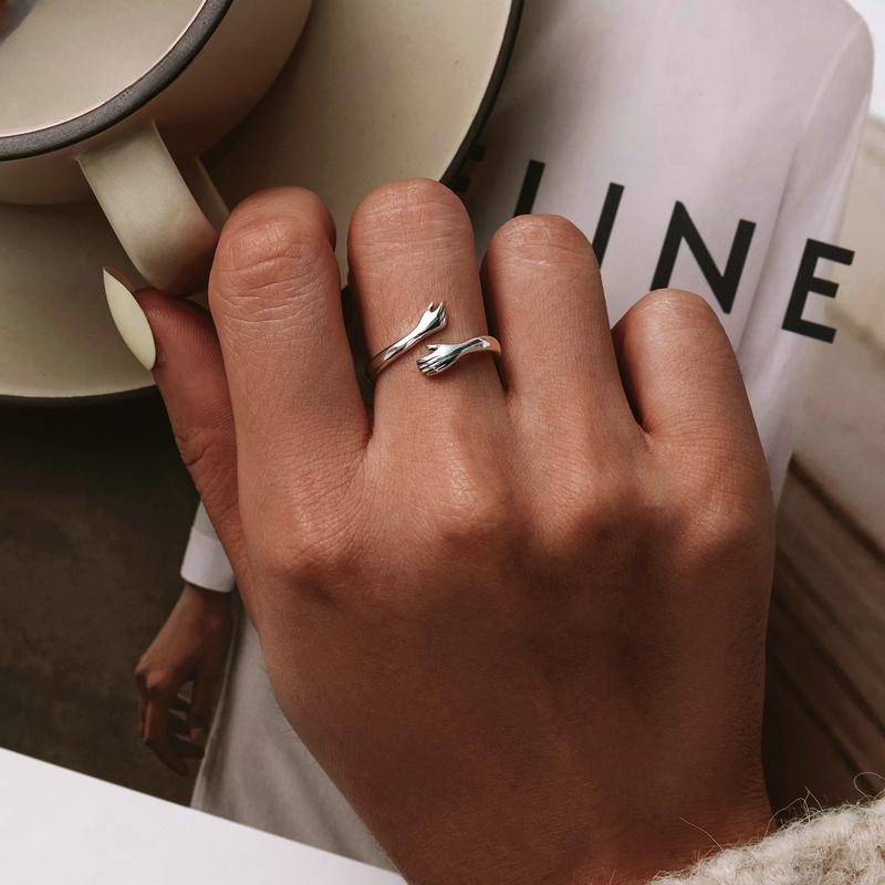 Sølvfarge Klem Varme og Kjærlighet Hånd Justerbar Ring for Kvinner Festsmykker Hans store Loving Hugs Ring