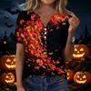 Women's Casual Short Sleeve V-Neck T-Shirt with Leaf Print and Decorative Buttons