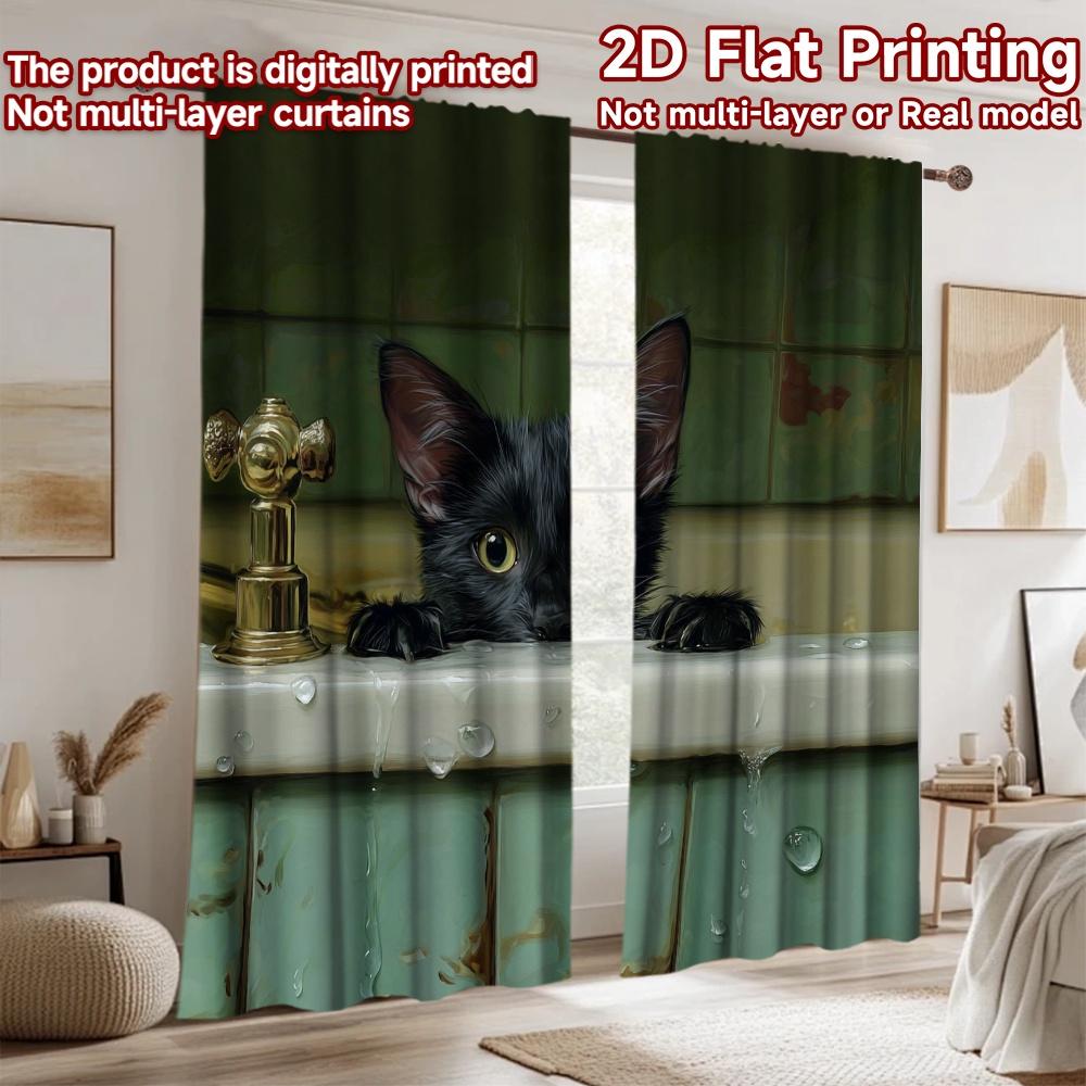 2D flat printing 2pcs Curtain Black Cat Bathing Digital Printed Polyester Drapes Party Decorations for Parties and Everyday use