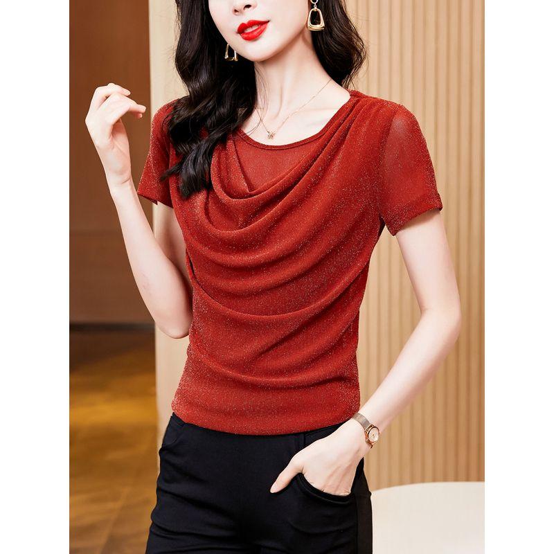 Size Women's Clothing Chubby Girl Summer New Arrival Pure Color Silm Swing Collar Mesh Slimming Short Sleeve T-shirt Easiest for Match 8 Color Women
