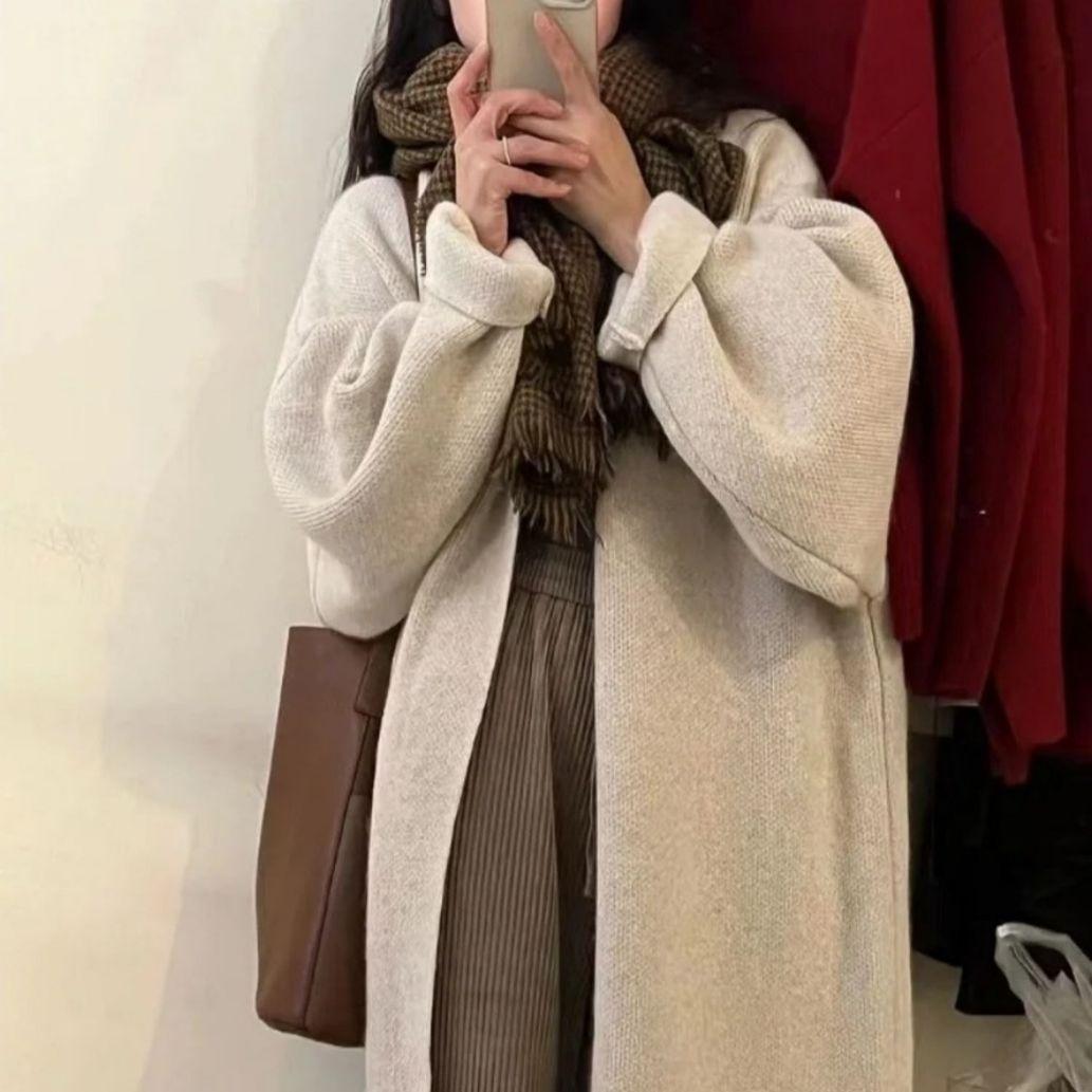

Long sweater jacket for women, pure color knitted cardigan coat for women XL абрикосовый