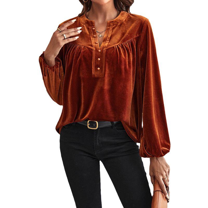 

Осень 2024 Новое поступление Однотонный пуловер с длинными рукавами Женский Европейский и американский элегантный стиль Бархатный рукав-фонарик Теплозащитная рубашка Женская Orange color Size XL fit (70.00 kg-75.00 kg