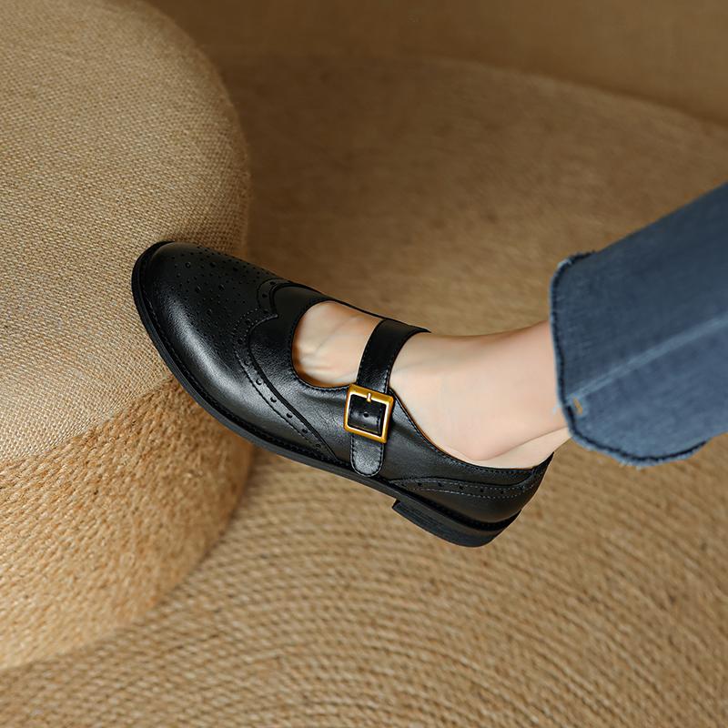 Autumn Women Pumps Natural Leather Plus Cowhide Pigskin Full Leather Mary Jane Shoes Block Carving