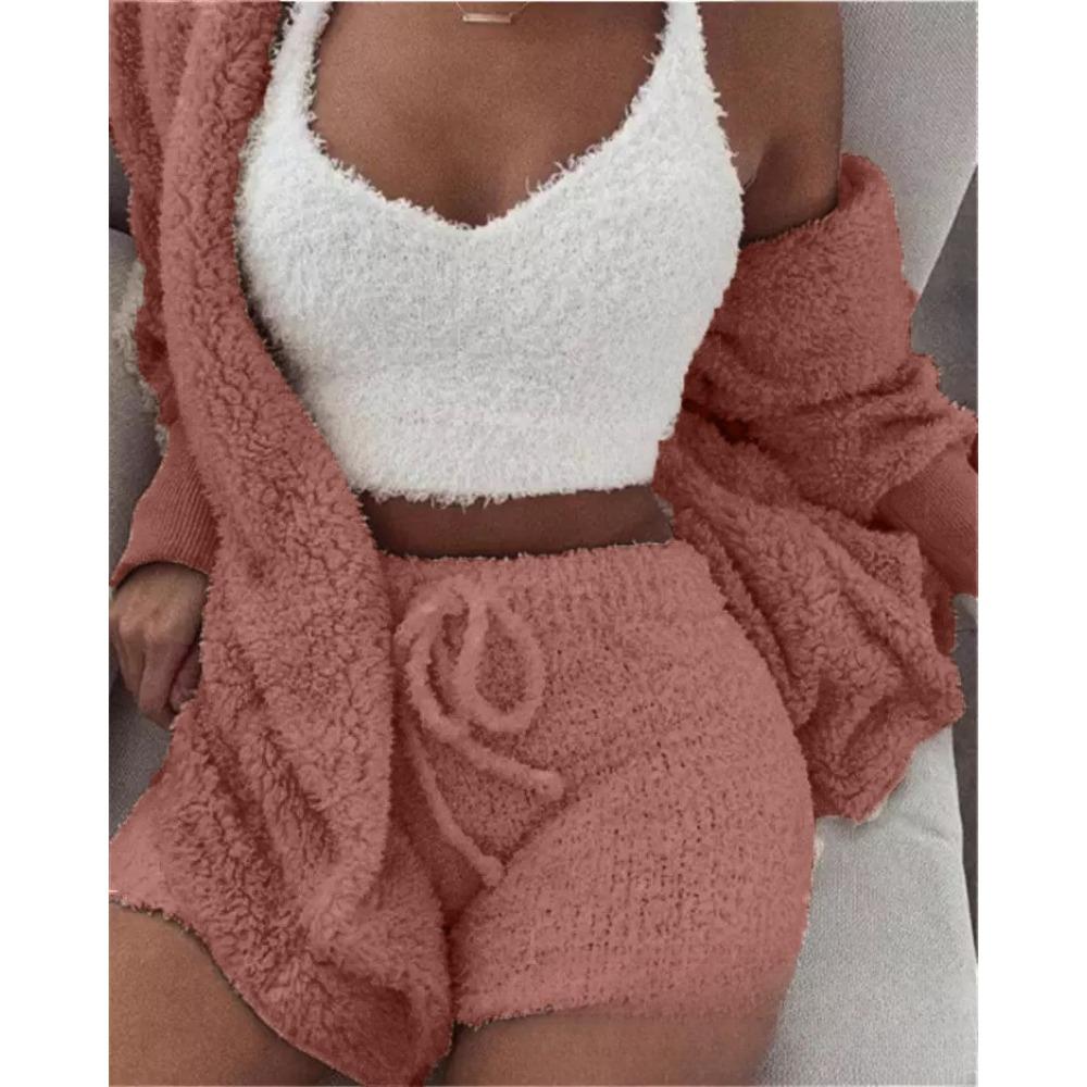 Women's Loose Fit Three Piece Loungewear Long Sleeve Fuzzy Cardigan V Neck Tank Drawstring Waist Shorts Winter Solid Tracksuit