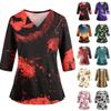 Women's Halloween Print V Neck Medical Scrub Top with Pockets Side Slits and Three Quarter Sleeves Suitable for Healthcare Professionals