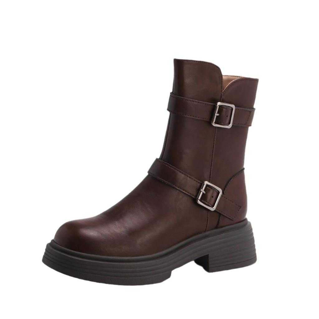 Retro British style platform Martin boots women's 2025 winter new belt buckle knight boots medium tube versatile thin boots