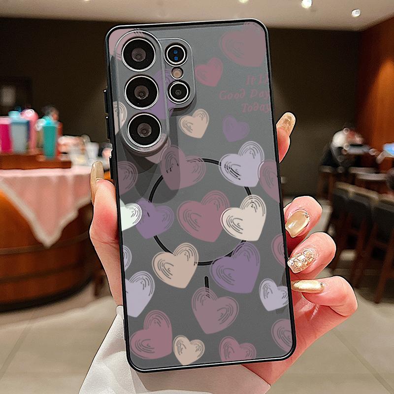 Magnetic For Magsafe Case For Samsung Galaxy S26 Ultra S25 Edge S24 Plus S23 FE S22 A54 A55 A56 5G Candy Color Love Hearts Pattern Matte Cover