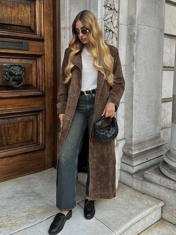 

Модная коричневая женская шуба из искусственного оленьего меха с шикарными лацканами и длинными рукавами, двубортная ветровка, осенняя женская уличная верхняя одежда L бронзовый