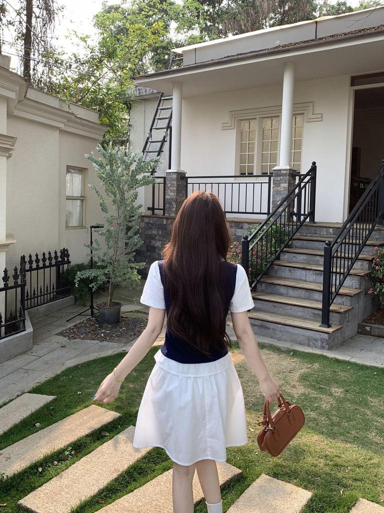 Korean Style Plus Size Color Block Knit Top & High Waist Midi Skirt Set