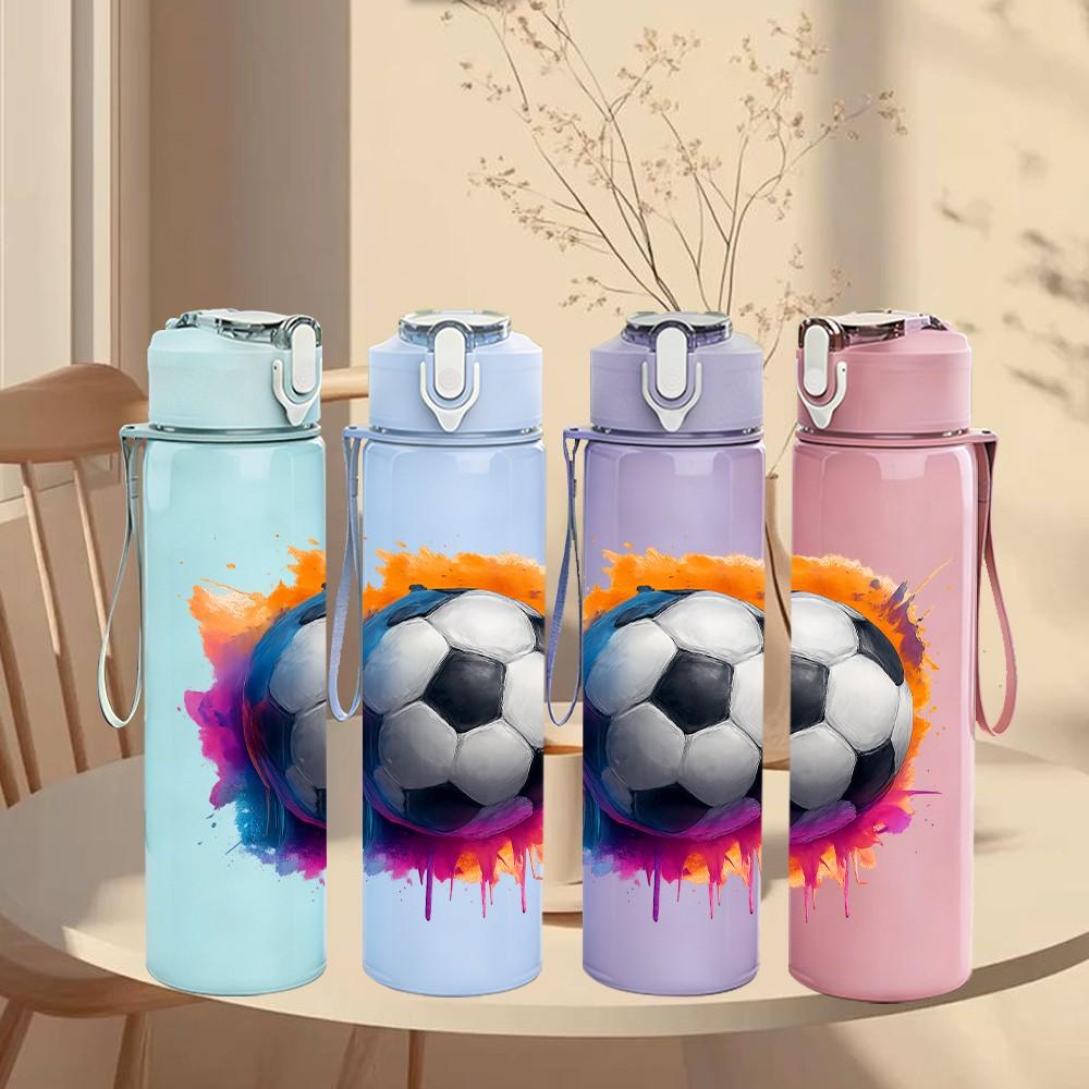 1PC Colorful Splash Soccer Ball Print 750ml Color Plastic Sports Water Bottle Leakproof Flip Straw Lid Suitable for Sports Office Home Use