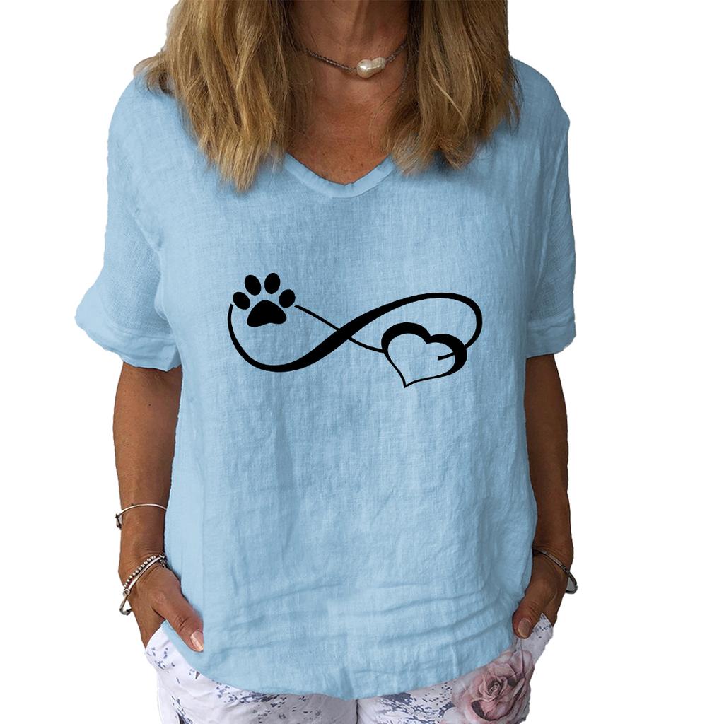 Women Fashion Cotton Linen T-shirt Casual V-neck Short Sleeve Top Ladies Print Tee Shirt