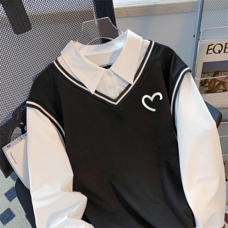 2024 Autumn Women's High-End Spliced Polo Sweatshirt - Long Sleeve, Loose, Slimming, Versatile Design