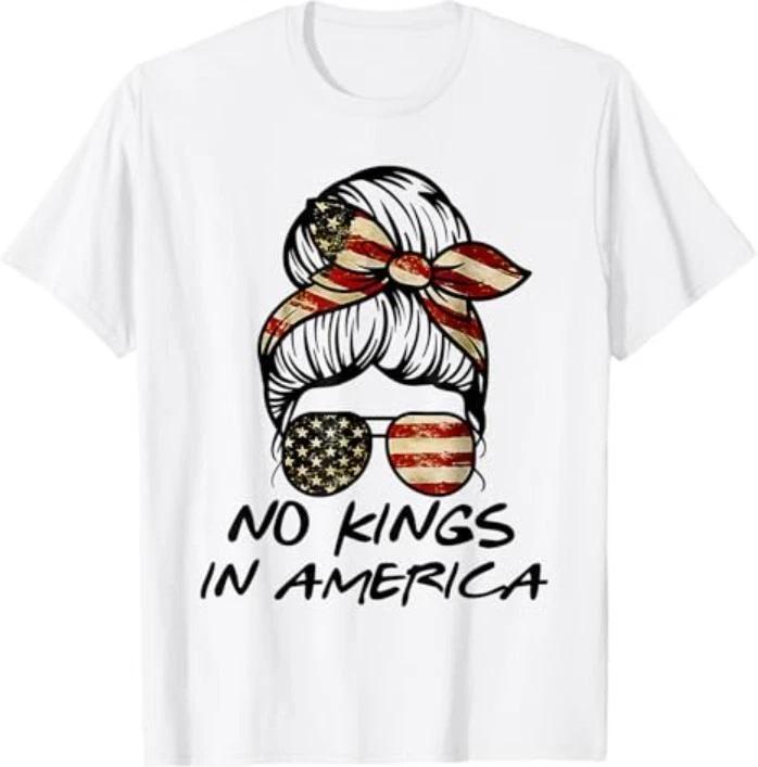 No Kings in America Shirt Women Messy bun USA Flag No Kings T-Shirt S