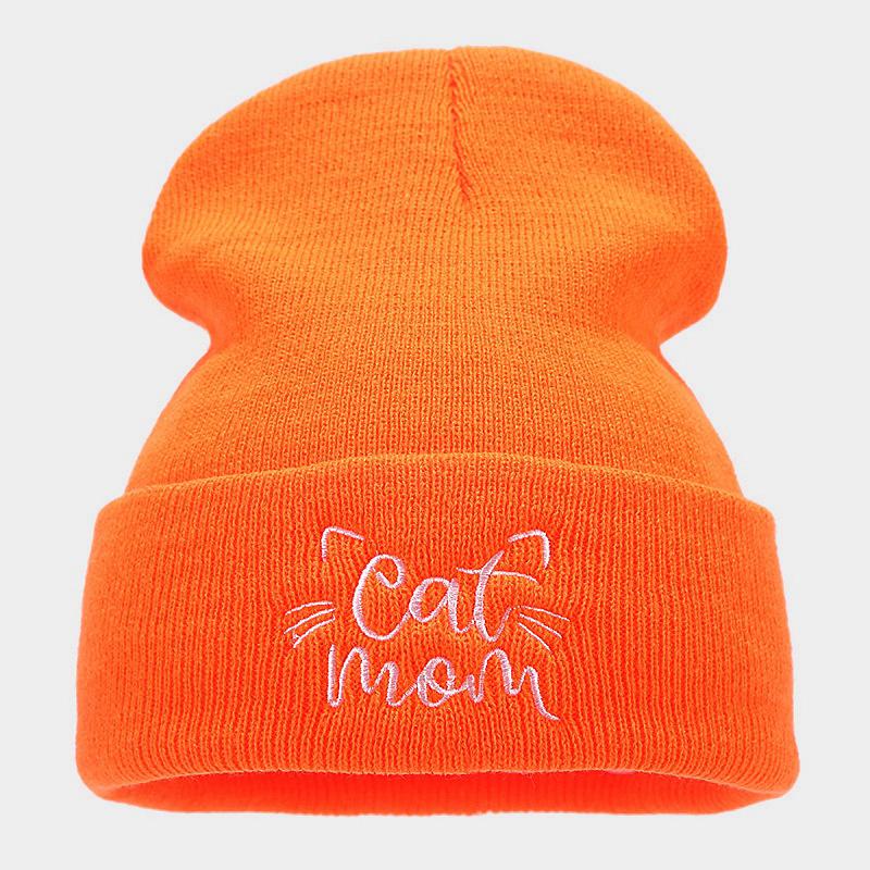 New Cute Cat Mom Embroidery Simple Pile Hat Women's Autumn and Winter Fashion Warm Wool Hat Light Mother Hat
