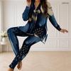 Women Plus Size Dark Blue Printed Half Zip Long Sleeve Longline Top And Fitted Pants Two Piece Set