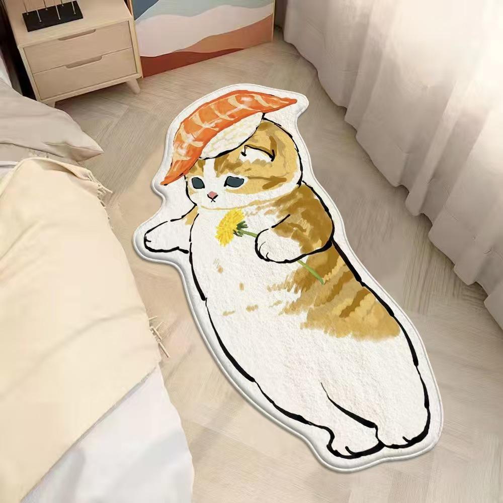 2pcs Cartoon Cute Cat Imitation Cashmere Bedroom Carpet Special-shaped Bedside Carpet Floor Mat