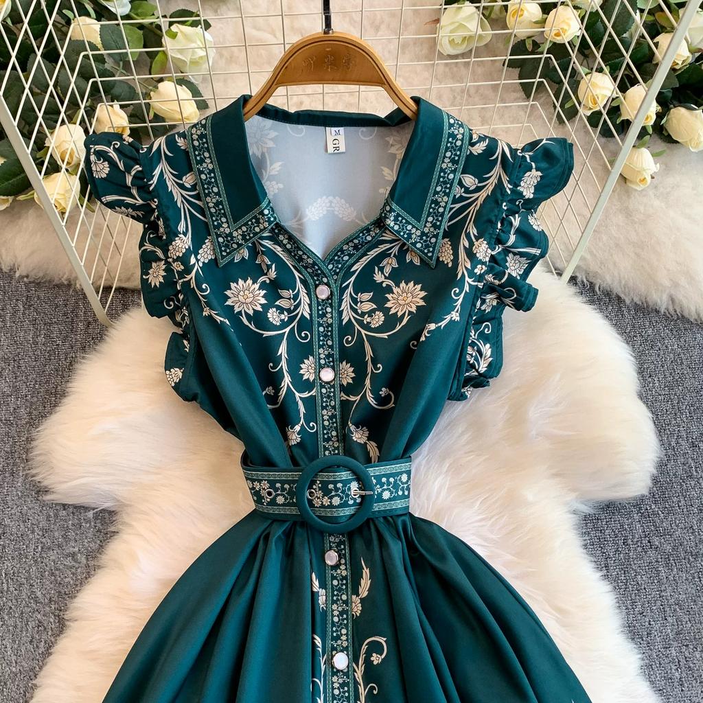 Abito Chemisier da Donna Vintage con Stampa Floreale, Vestibilità Slim, con Cintura, Moda Estiva, Maniche a Sbuffo, Monopetto, Elegante, Casual