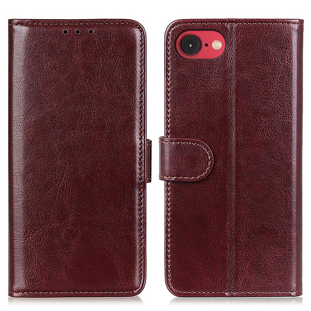 

For iPhone 16e Case Crazy Horse Texture PU Leather Phone Stand Cover Brown