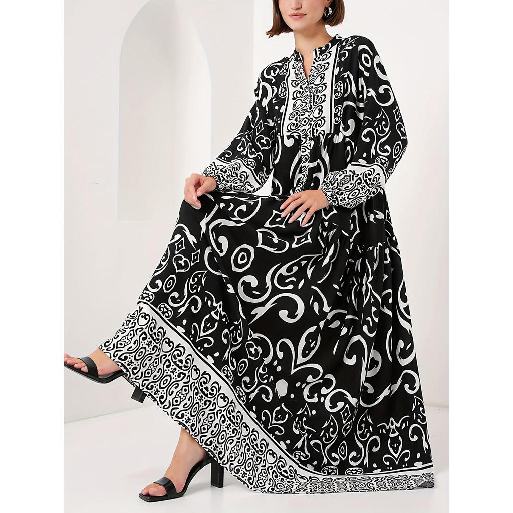 Elegant Long Black Arabic Dress - Women's V-Neck Loose-Fit Islamic Robe with Print