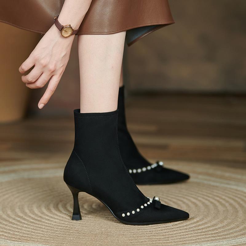 Light Luxury Pointed High Heel Short Boots Women's Pearl Black Suede Thin Heel Elastic Thin Boots Temperament Celebrity Boots Shoes
