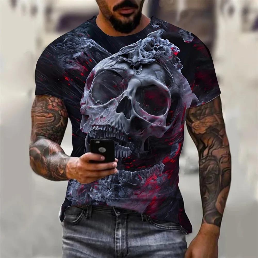 Men's Summer Skull Print T-Shirt Soft Breathable Round Neck Outdoor Street Style Casual Graphic Tee Comfort Top