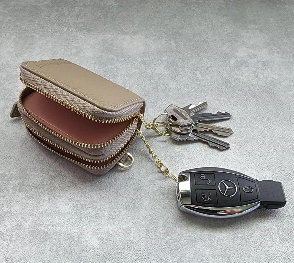 MERCOLEDi Key Smart Key Genuine 2 Key Double for Men and Women Case, Compatible, Leather, Storage, Zipper, Greige,