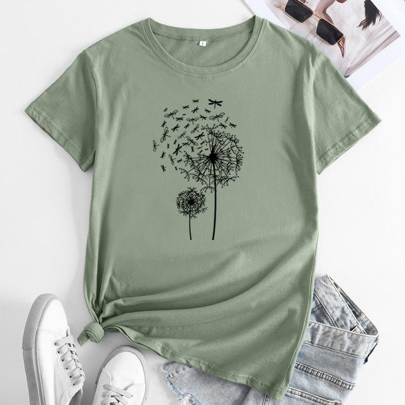 Summer Round Neck Dandelion Dragonfly Pattern Printed Top Fashionable Casual Short Sleeved Women's Pure Cotton T-shirts
