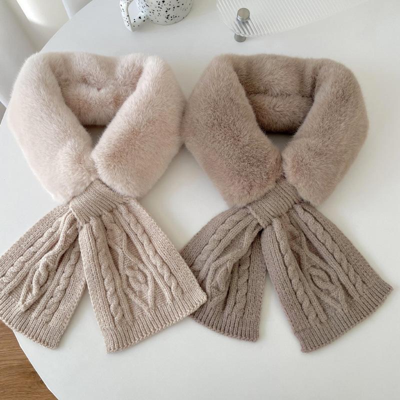 Knitted Scarf for Women in Autumn and Winter Versatile  Fleece Imitation Rex Rabbit Fur Cross Neck  Solid Color Thickened Neck Guard  Fur Collar