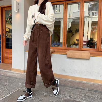 High Waist Women Vintage Corduroy Pants Straight Casual Spring Trousers Koran Vintage Coffee Pockets All Match Pants
