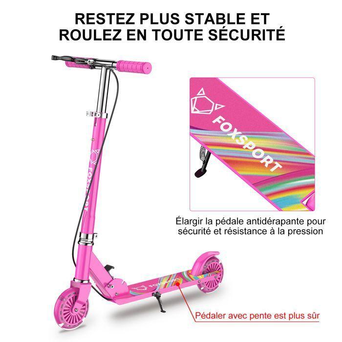 Trottinette Enfant - FOXSPORT - Pliable - 2 Roues Clignotantes -Guidon Ajustable de 3 Niveaux - Frein à Main - Charge 100 kg - Rouge