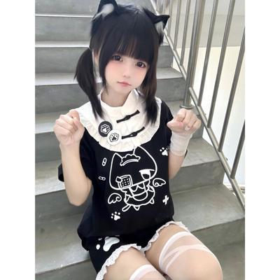 Japanese Kawaii Cat Cartoon Cute Lolita Tops Y2k Aesthetic Lace Patchwork Crop Tees Grunge Contrast Color Vintage Fairy T-shirts