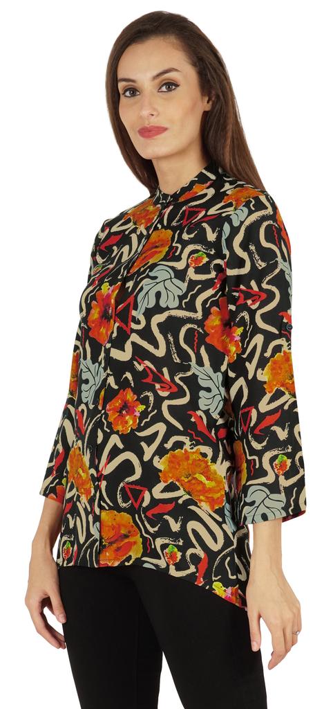 Bimba Button Down Tunic Casual Printed 3 4th Sleeves Loose Fit Rayon Tunic Long Shirt Top For