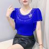 Summer New Elegant O-Neck Short Sleeved Mesh T-shirt Fashion Ruffles Hot Diamonds Women's Tees Chic Butterfly Sleeve Casual Tops