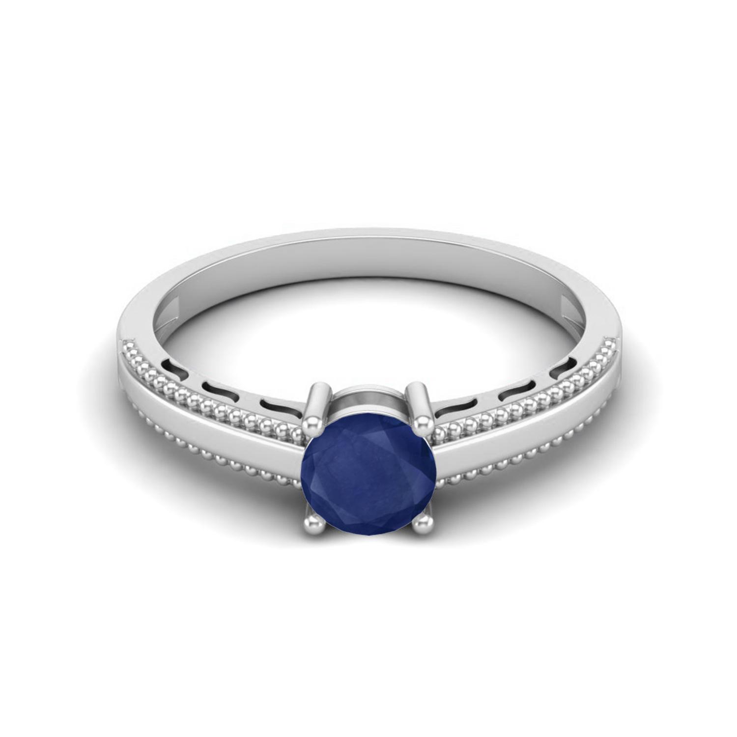 0.65 Cts Round Blue Sapphire 925 Sterling Silver Beaded Shank Anniversary Women Ring