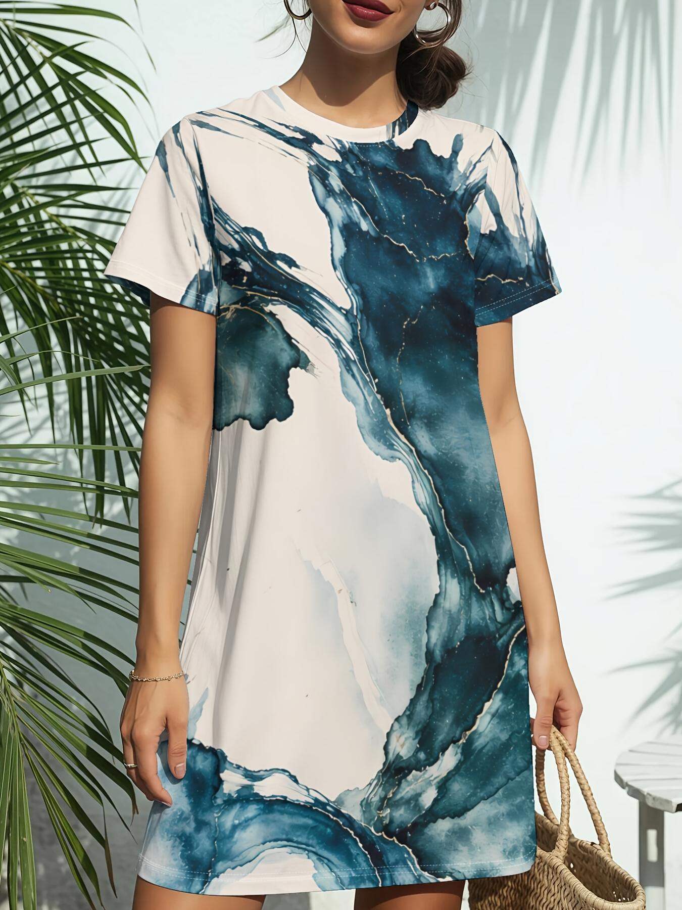 

Blue Ink Abstract Art New Women S Round Neck Short Sleeve T-Shirt Dress. American Style Trendy Digital Print. Versatile for Spring And Summer Casual W 7XL