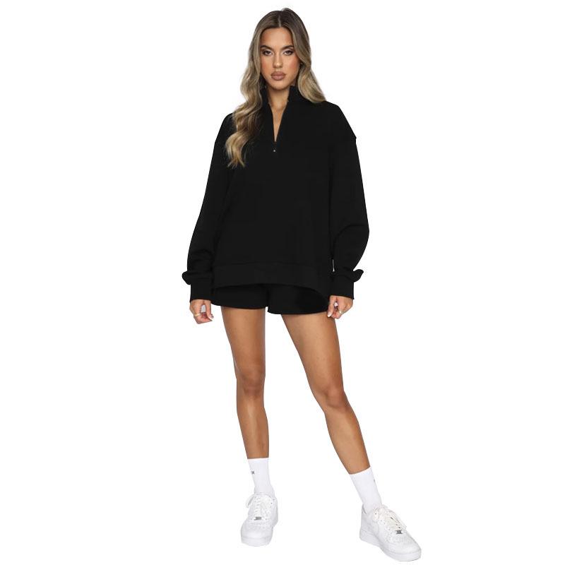 New Autumn-Winter Pure Color Stand Collar Zipper Pullover with Long Sleeves and Shorts: Women's Fashion Set