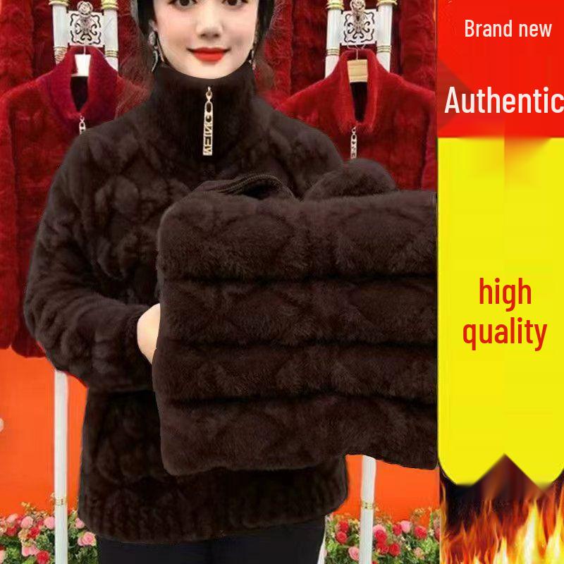 Plus Size Stylish Long-Sleeve Faux Mink Velvet Coat for Middle-Aged and Elderly Women