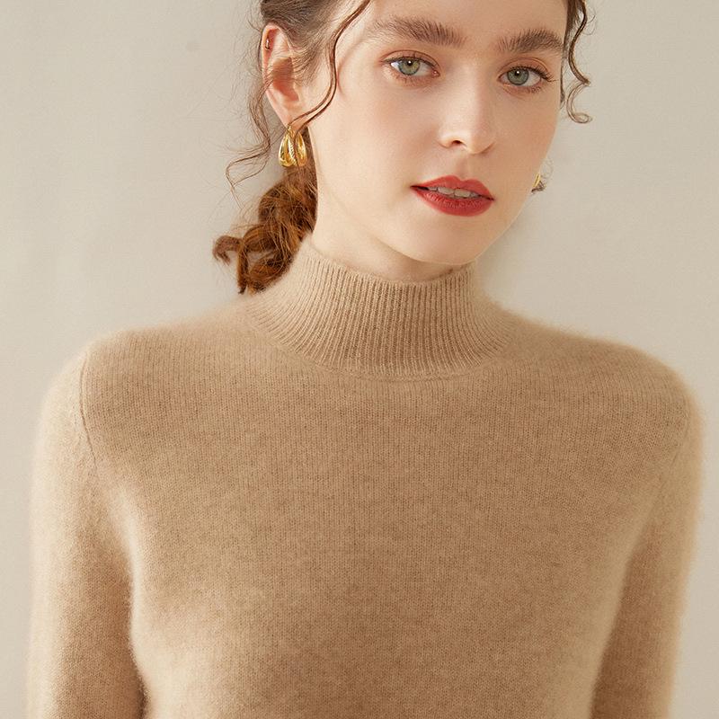 Women's 35% Cashmere Slim-Fit High-Neck Sweater - Elegant, Versatile, Solid Color Knitted Base Layer