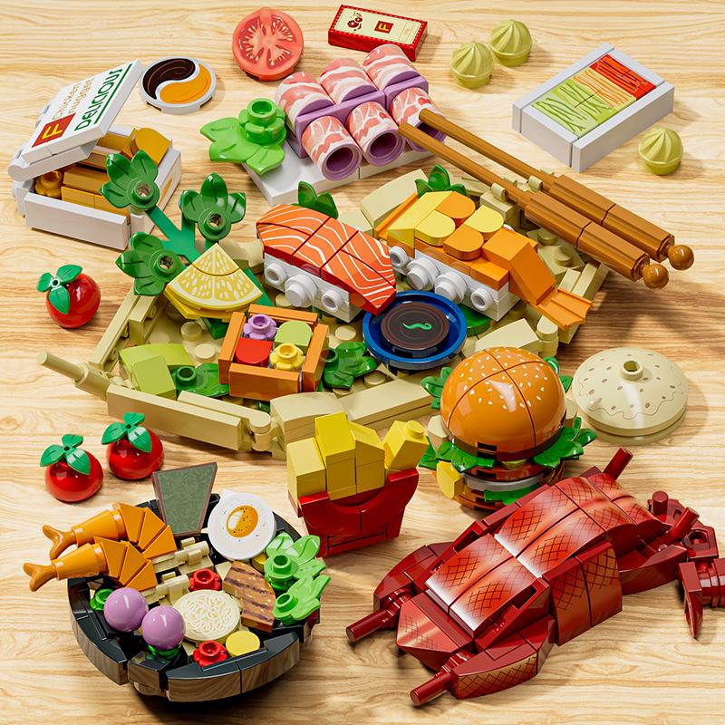 Building Blocks Children's Educational Assembly Food Model Compatible with Lego Boy Puzzle Steak Hamburger Hot Pot Toy