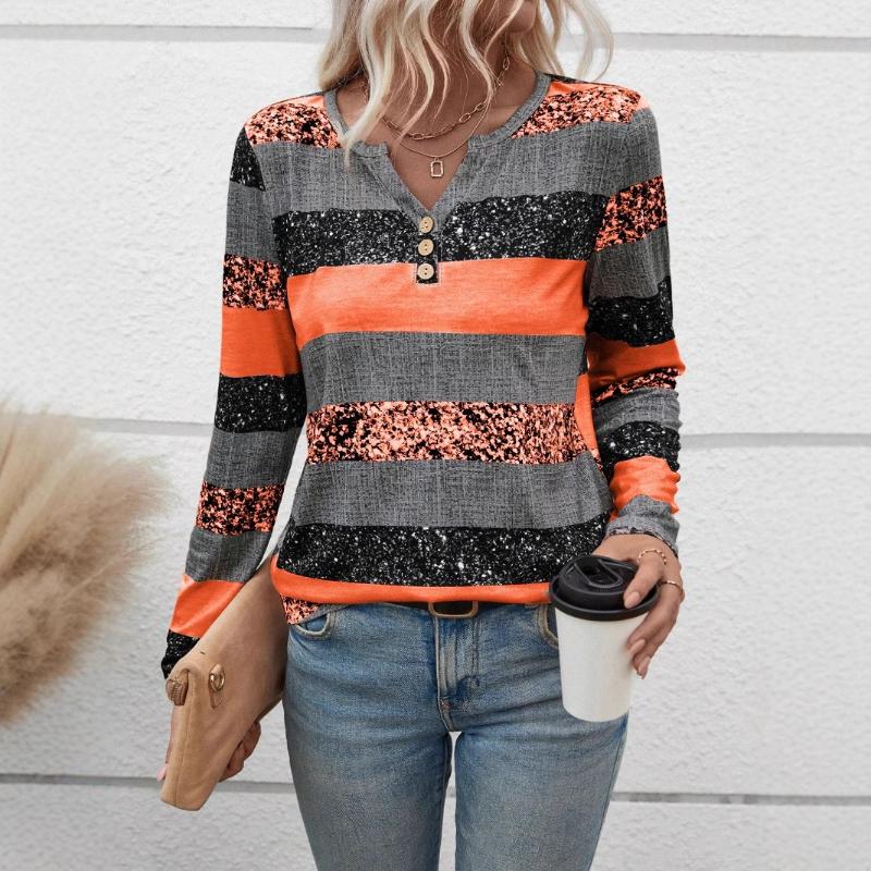 

Long-sleeved Striped V-neck Spliced Button-up Casual Top T-shirt Women XXL оранжевый